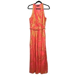 Leslie Fay Maxi Dress Size 14 Coral Gold Paisley Brocade Surplice Semi-Formal